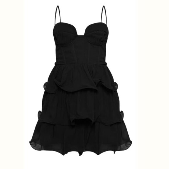 Pretty Little Thing Size 0 Black Chiffon Pleat Cup Detail Frill Shift Dress - Picture 1 of 10